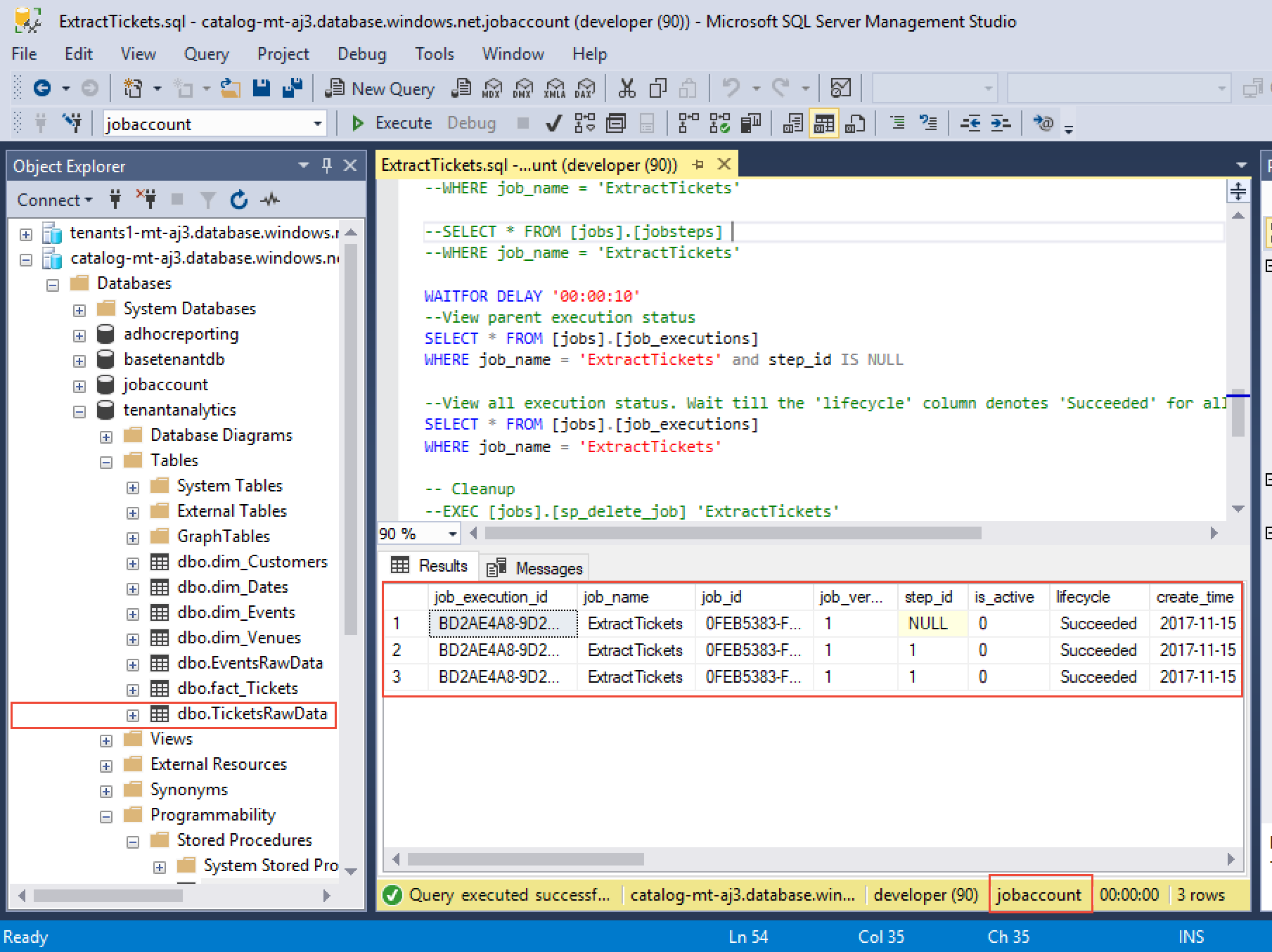 Screenshot shows the ExtractTickets database with the TicketsRawData d b o selected in Object Explorer.