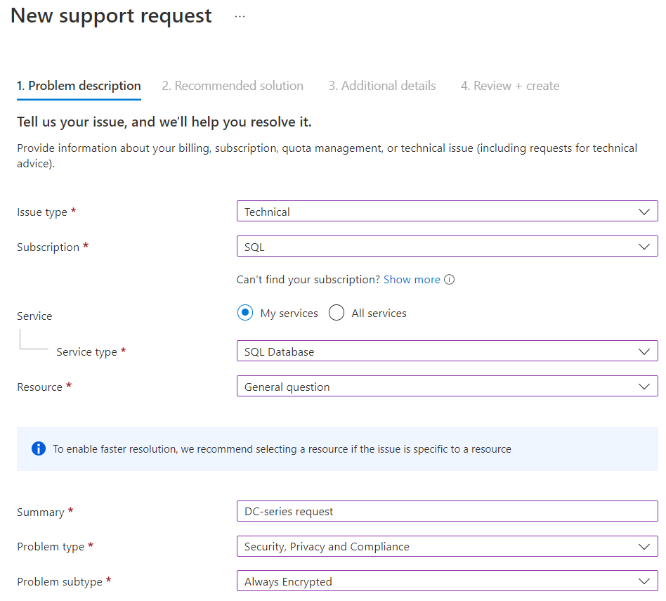 Screenshot of the Azure portal form to request DC-series in a new region.