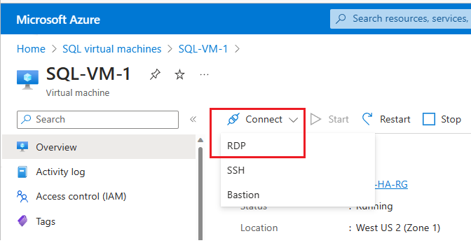Connect to VM in portal