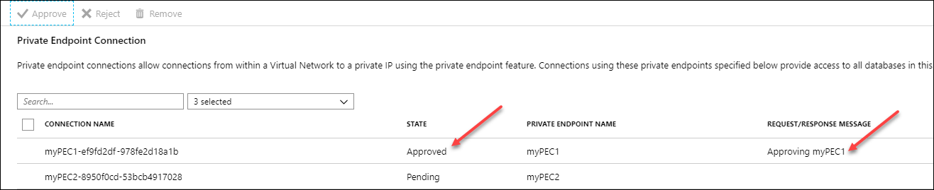 Screenshot of the Azure portal, private endpoint connections page showing one pending and one approved connection.