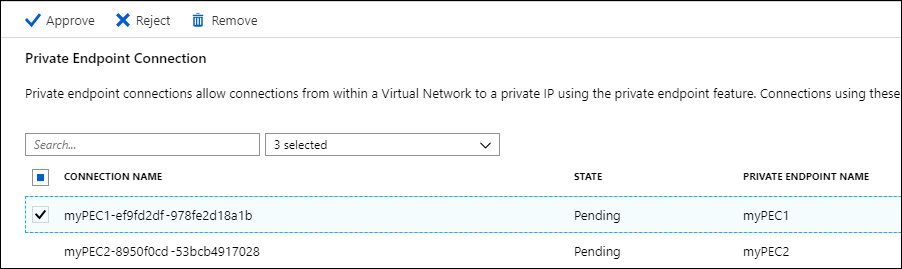 Screenshot of the Azure portal, one private endpoint connection selected for approval.