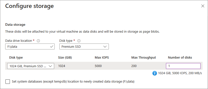 Screenshot that shows where you can configure the data files storage for your SQL VM