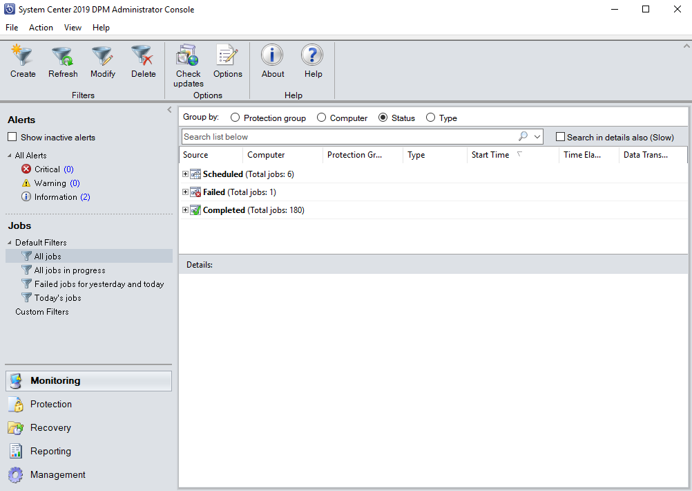 Screenshot showing the backup jobs in Azure Backup Server.