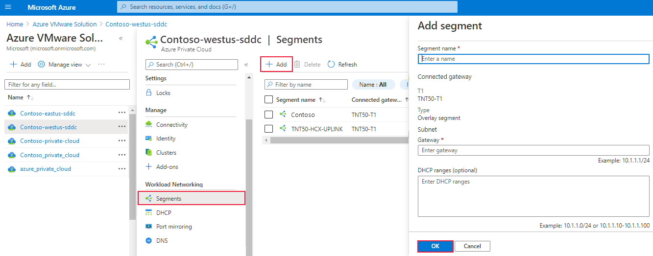 Screenshot showing how to add a new NSX-T Data Center segment in the Azure portal.