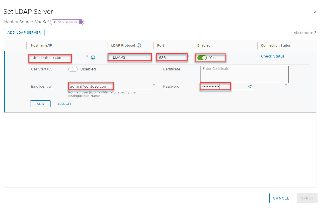 Screenshot that shows the Set LDAP Server page to add an LDAP server.