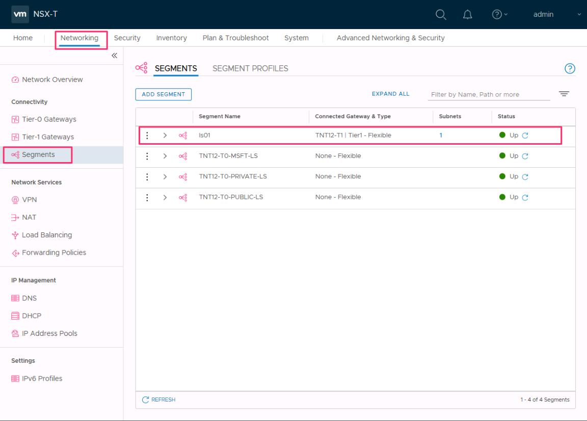 Screenshot shows the confirmation and status of the new network segment is present in NSX-T Data Center.