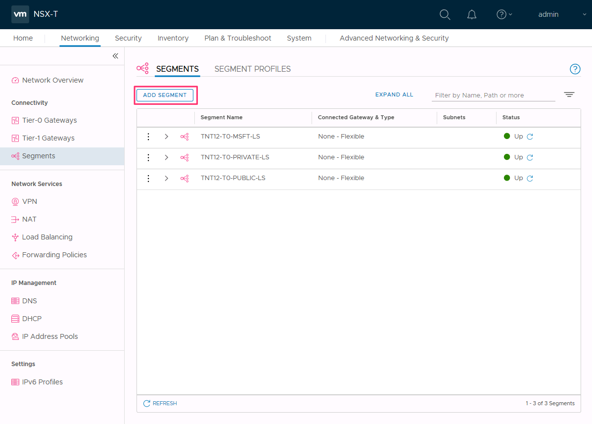 Screenshot showing how to add a new segment in NSX-T Manager.