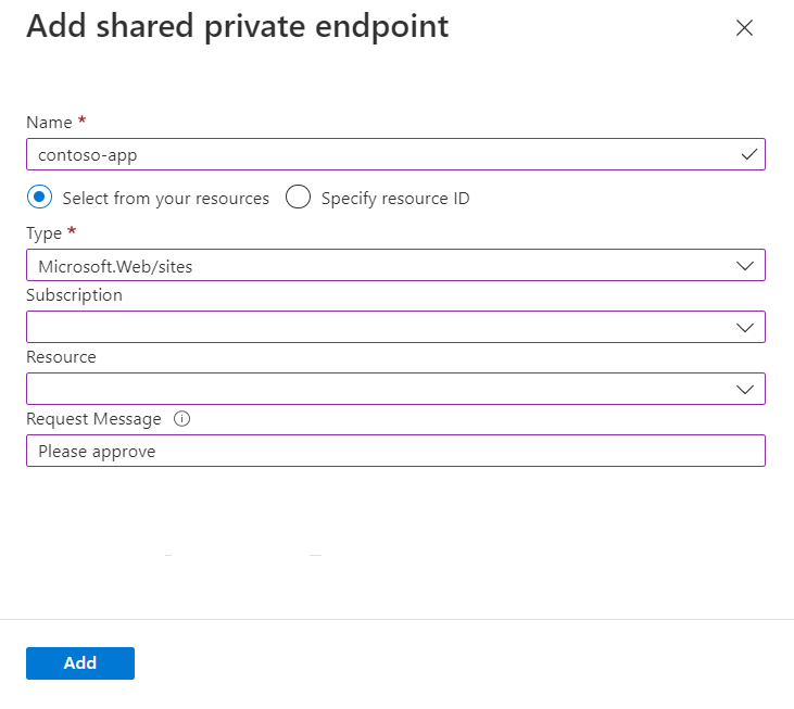 Screenshot that shows adding a shared private endpoint.