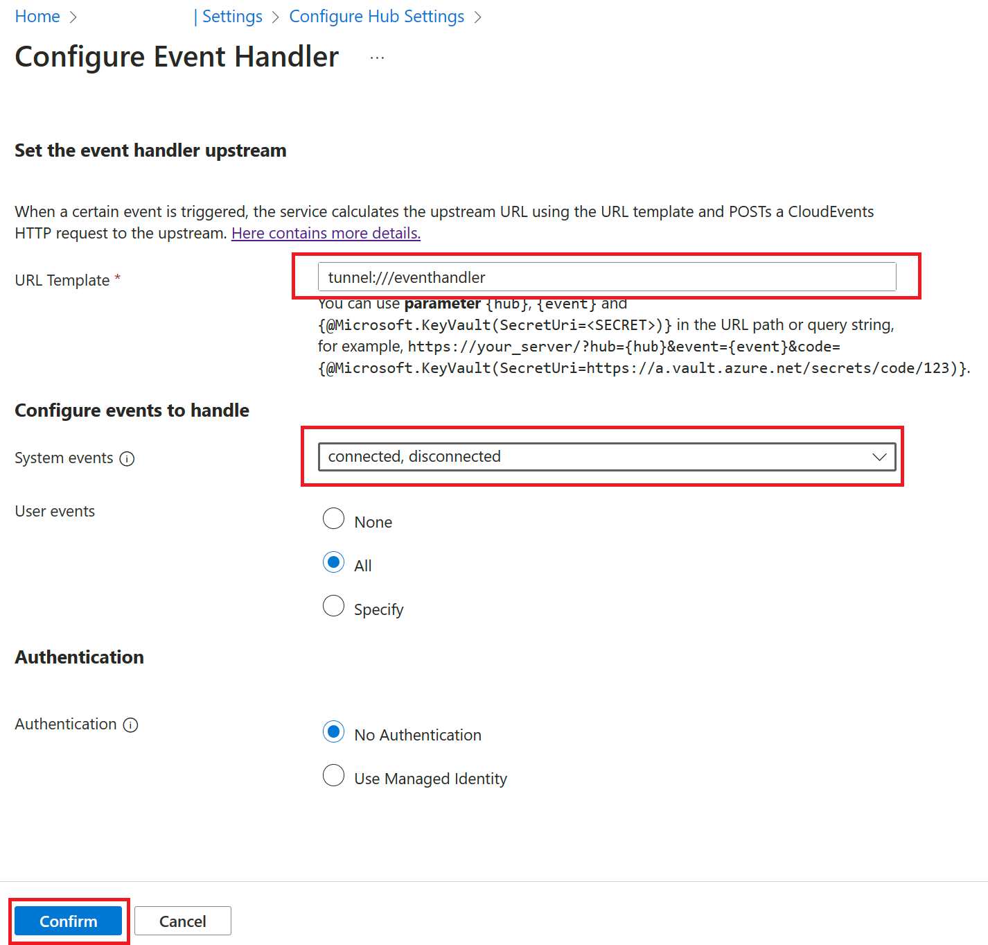 Screenshot of Azure Web PubSub Configure Event Handler - details.