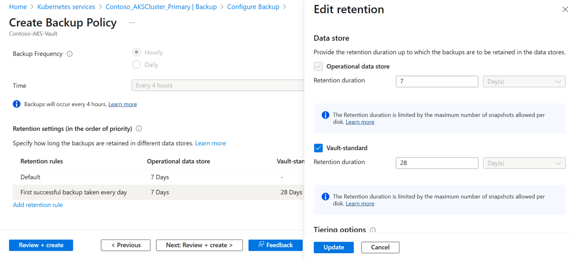 Screenshot that shows the retention configuration for Vault Tier and Operational Tier.