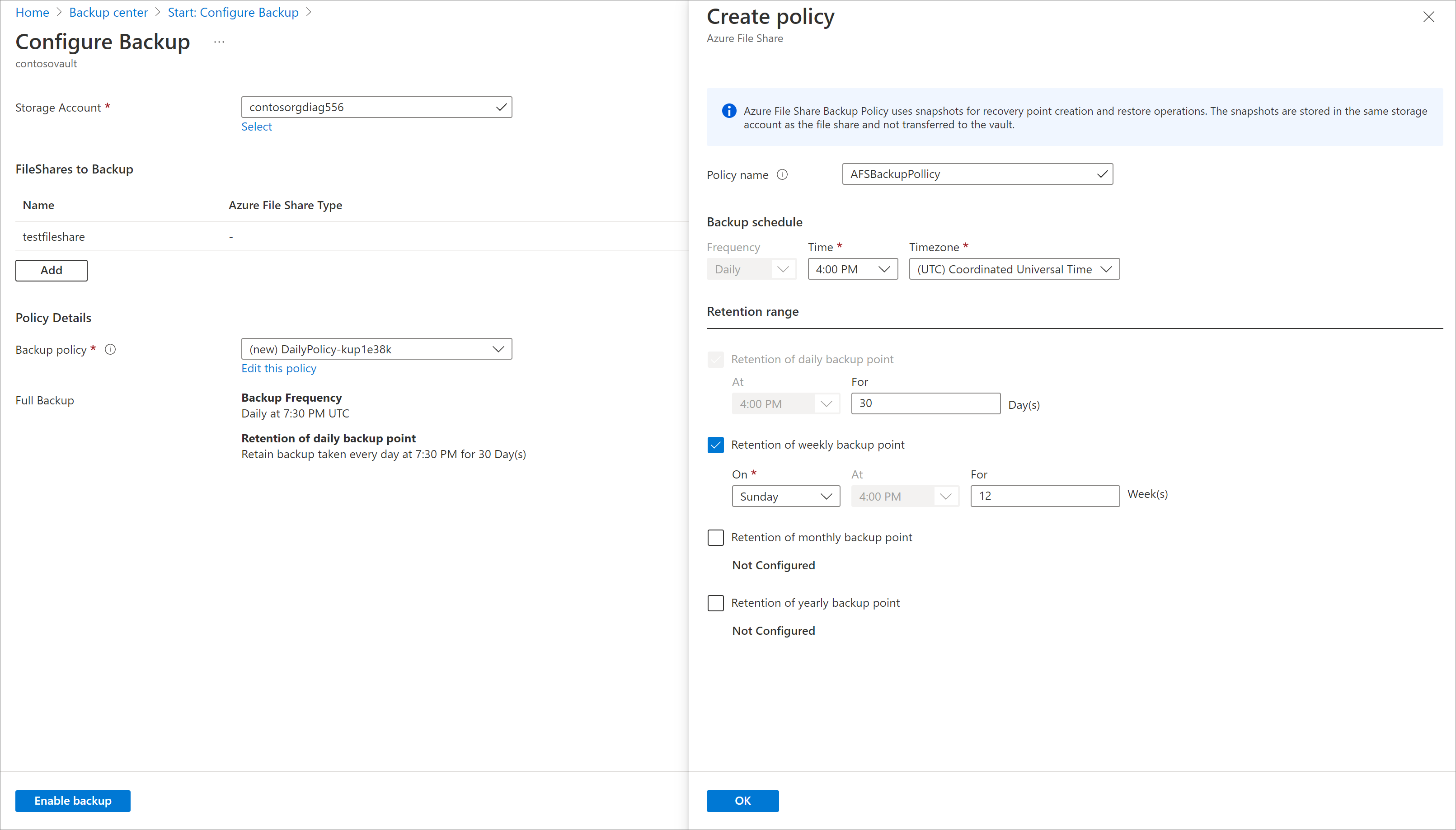 Screenshot showing to provide policy name and retention values.