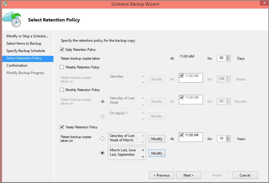 Screenshot shows the retention policy.