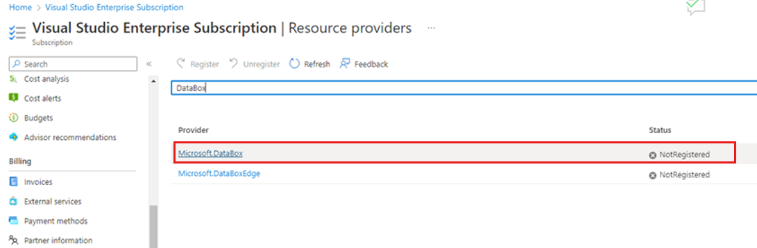 Screenshot shows how to register the resource provider.