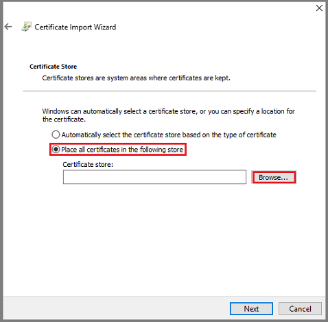 Screenshot showing the Certificate Store dialog with Place all certificates in the following store option selected.