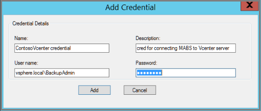 Screenshot showing the credential details in Azure Backup Server.