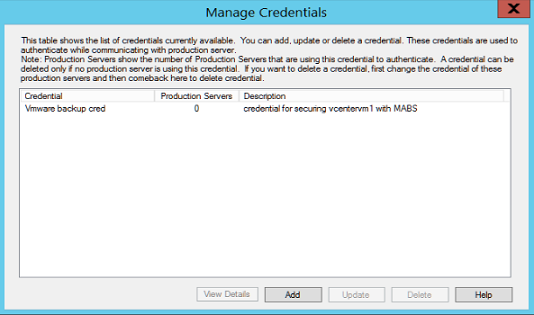 Screenshot showing Manage Credentials in Azure Backup Server.