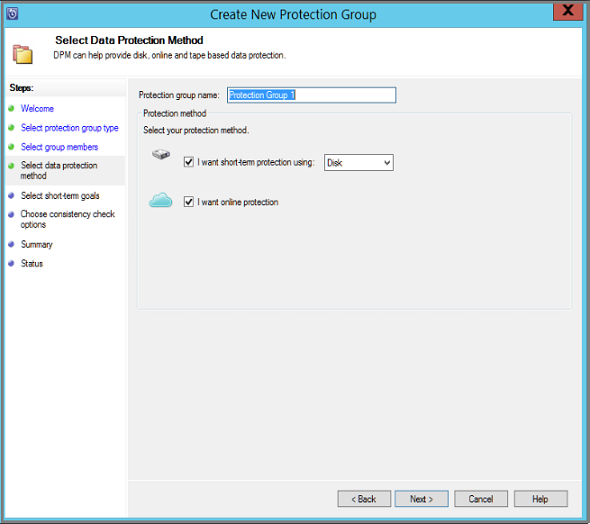 Screenshot showing the Create New Protection Group Wizard to select the data protection method.