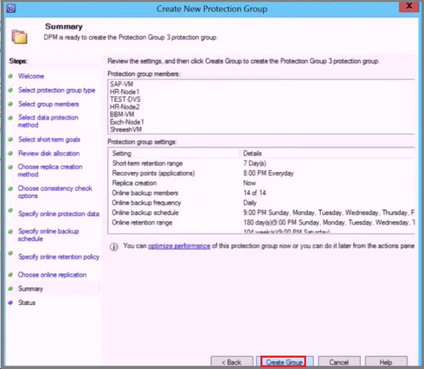 Screenshot showing the Create New Protection Group Wizard to summary.
