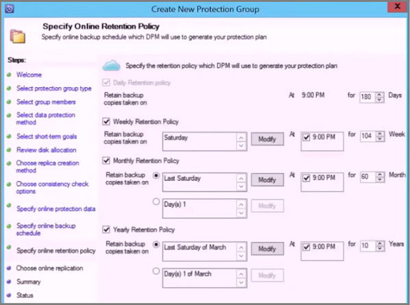 Screenshot showing the Create New Protection Group Wizard to specify online retention policy.