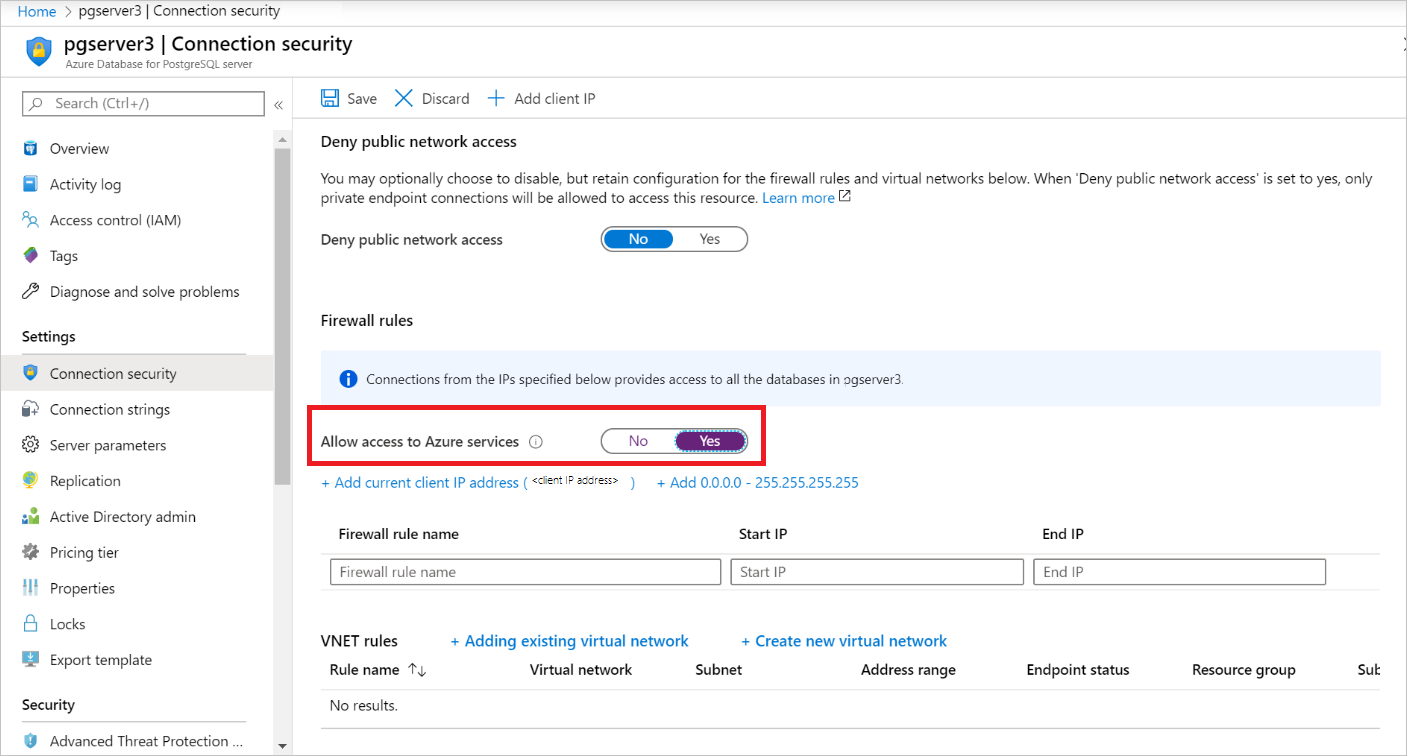 Screenshot showing how to allow access to Azure services.