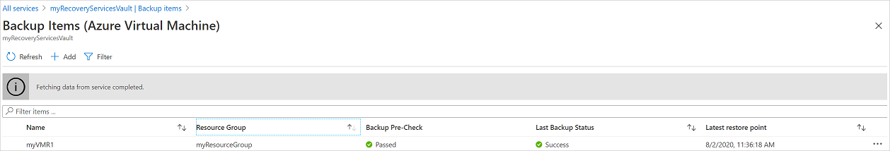 Screenshot showing to view the Backup Items pane.