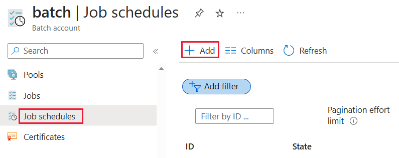 Screenshot of the Add button for job schedules.