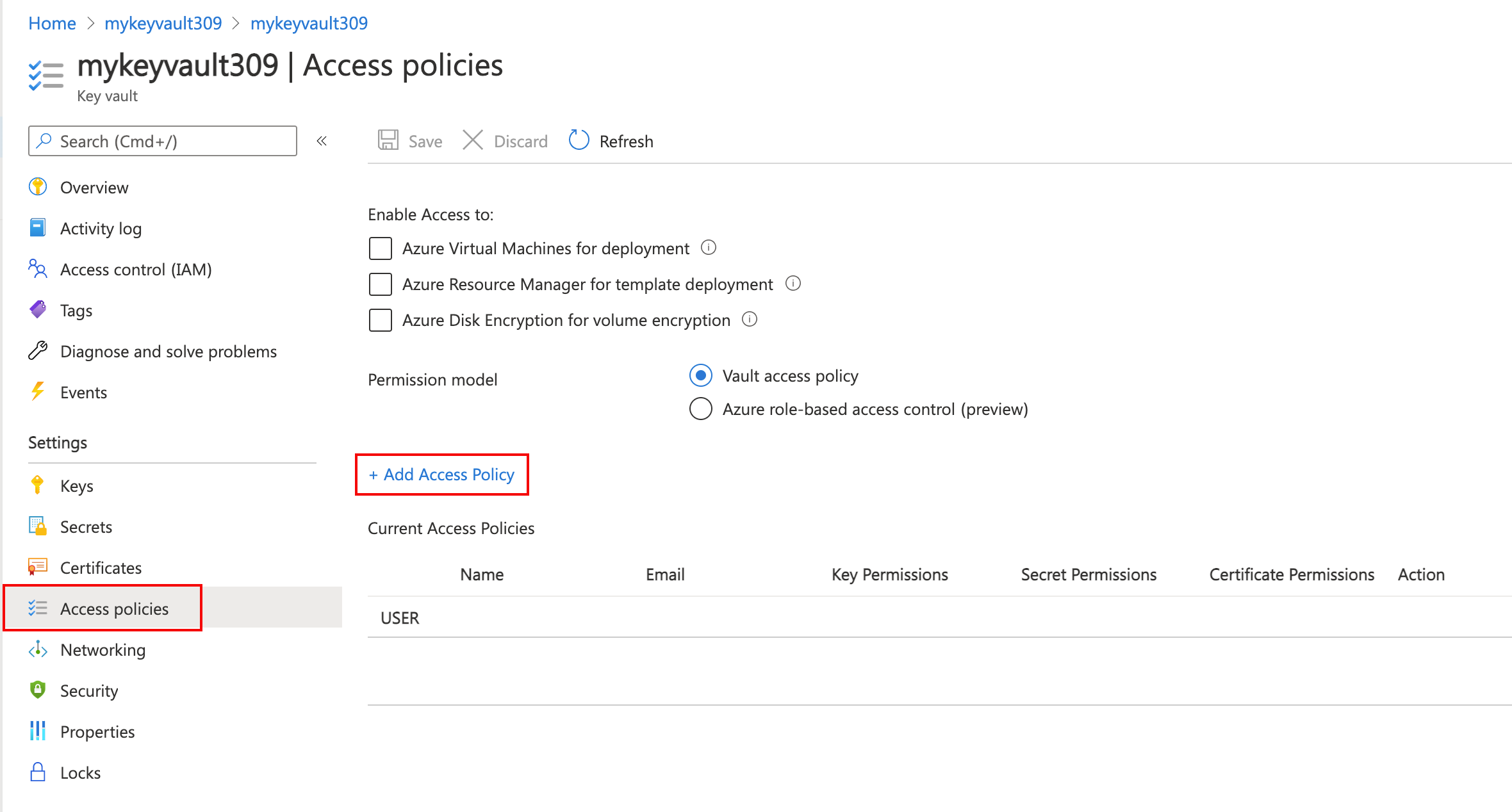 Screenshot of create a Key Vault access policy for Azure Content Delivery Network.