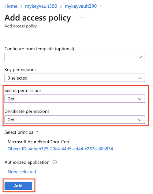Screenshot of select permissions for Azure Content Delivery Network to Key Vault.