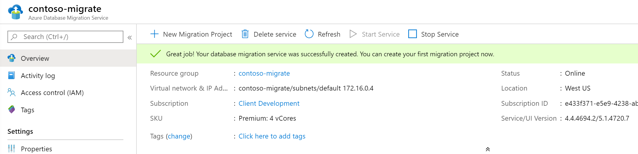 Screenshot of the MySQL Overview pane, with a message saying that the migration service was successfully created.