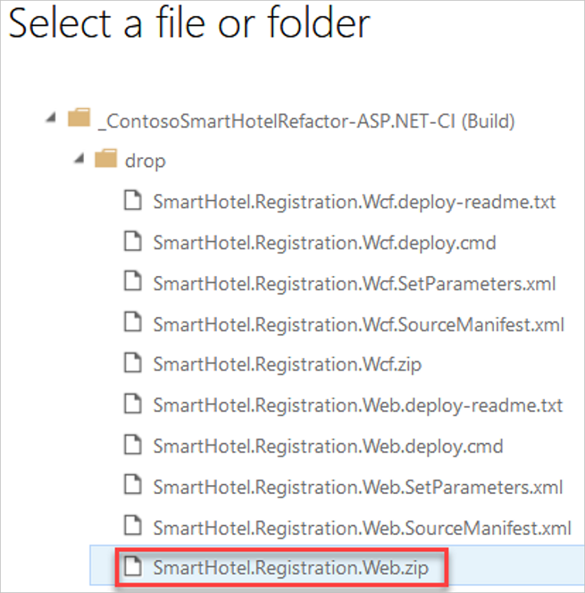 Screenshot of the Select a file or folder pane for selecting the Web file.