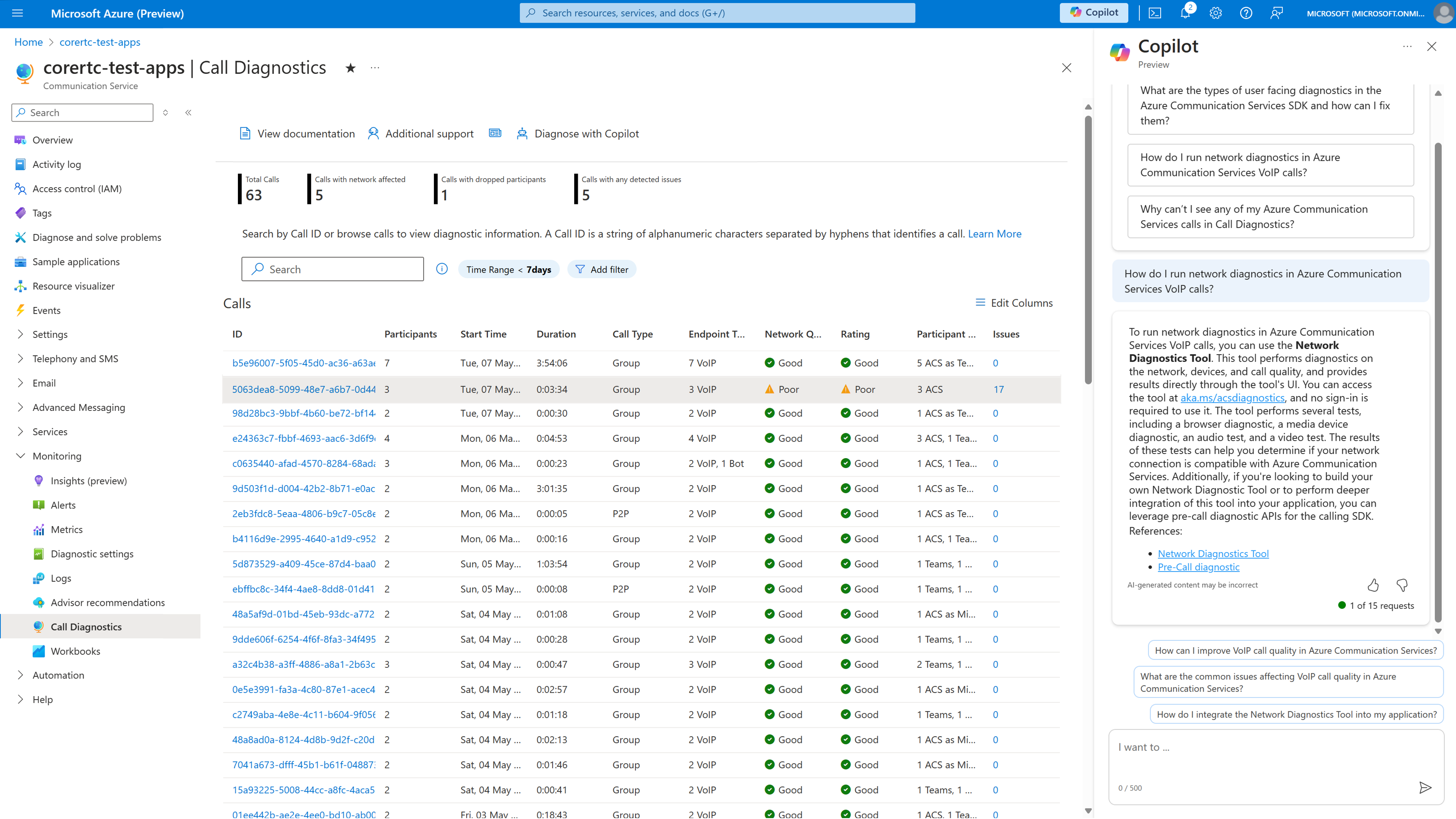 Screenshot of the Call Diagnostics Call Search showing recent calls for your Azure Communications Services Resource and the response from Copilot in Azure.