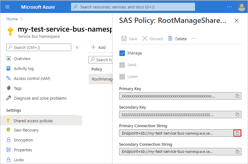 Screenshot showing the Service Bus namespace connection string and the copy button selected.