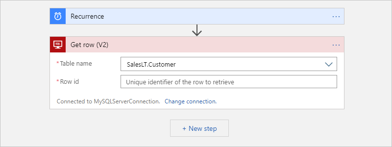 Screenshot shows Consumption workflow designer and action named Get row with the example table name and empty row ID.