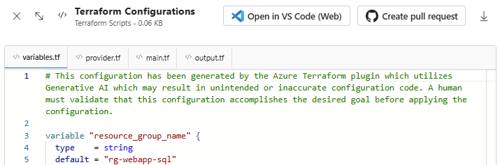 Screenshot of Azure Copilot's artifact pane showing Terraform configurations and deployment options.