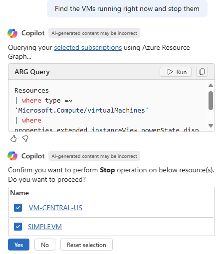 Screenshot showing Azure Copilot responding to a request to stop running VMs.