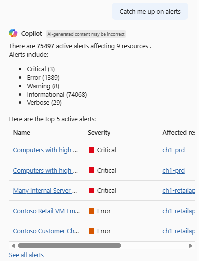 Screenshot of Azure Copilot summarizing all active alerts.