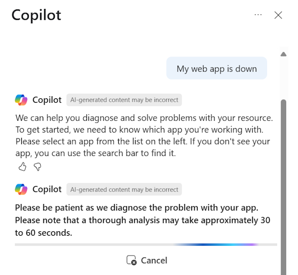 Screenshot of Azure Copilot responding to a prompt that a web app is down.