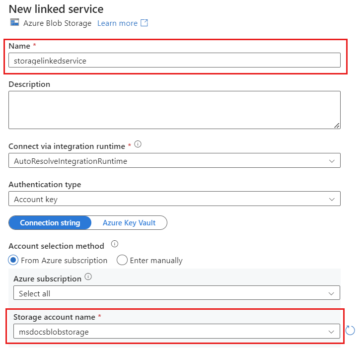 Screenshot of the New linked service dialog with an Azure Blob Storage account selected.