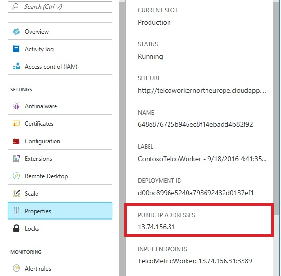 Screenshot showing the public IP address for a cloud service displayed in the Azure portal.