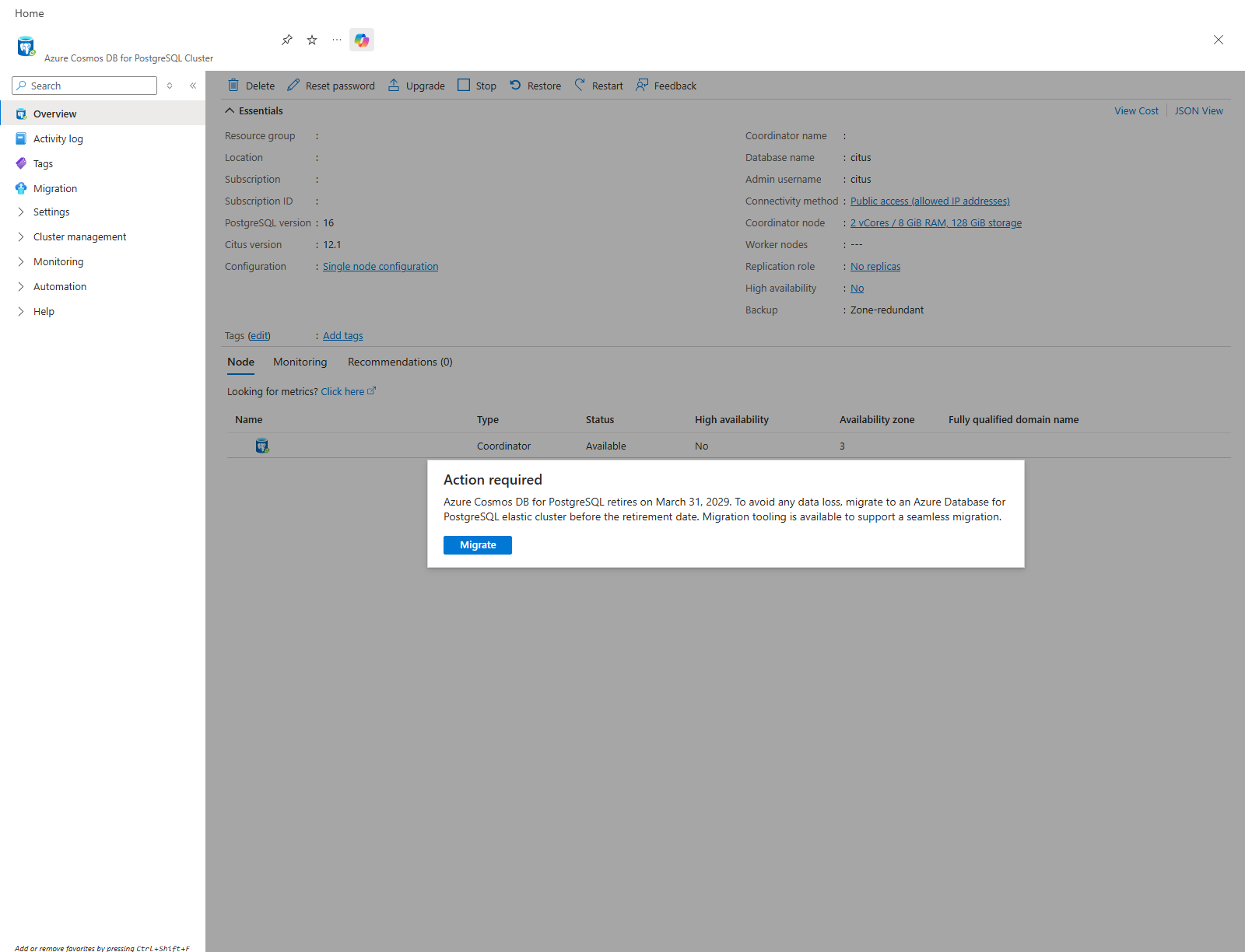 Screenshot of an Azure Cosmos DB for PostgreSQL Cluster dashboard with various information and options such as cluster properties, access policies, metrics, and management features.