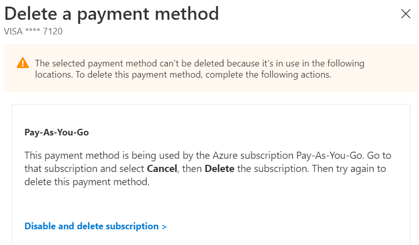 Example screenshot showing that a payment method is in use by a pay-as-you-go subscription.