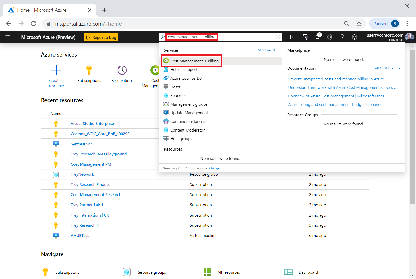 Screenshot showing an Azure portal search for Cost Management + Billing.