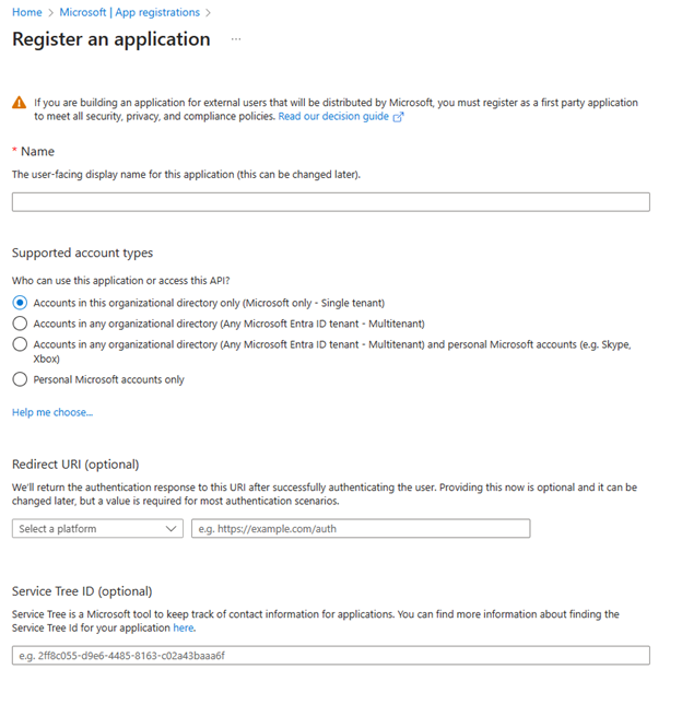 Screenshot of the App registration creation view.