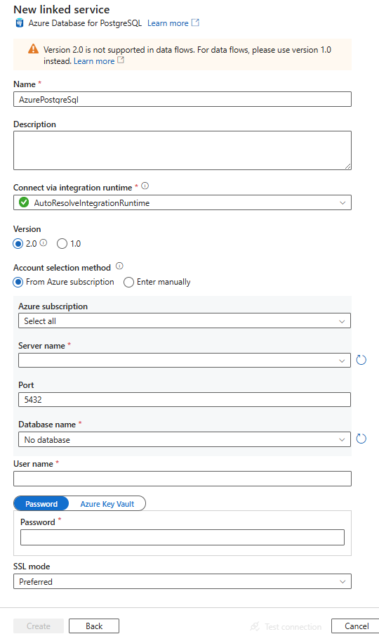 Configure a linked service to Azure database for PostgreSQL.