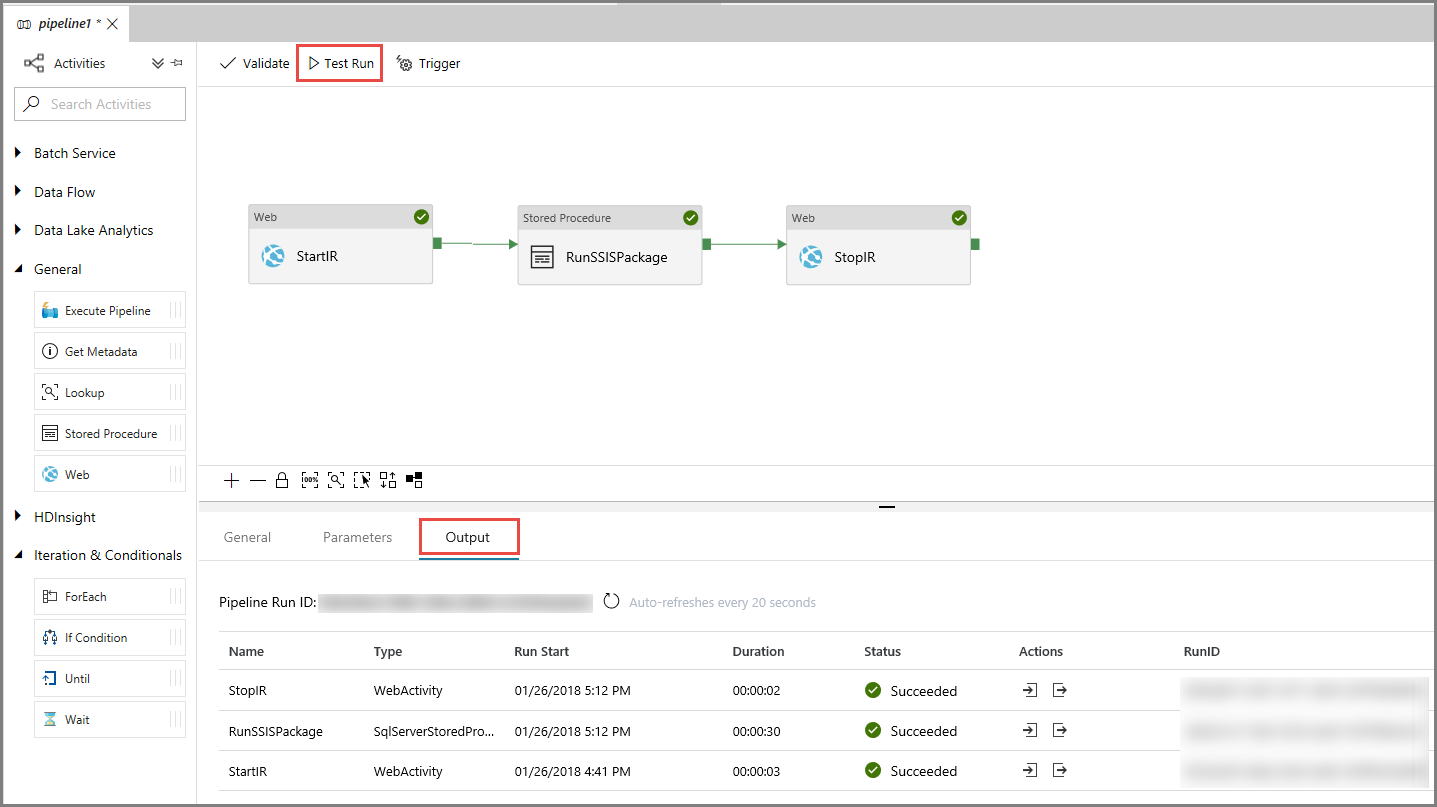 Screenshot that shows the button for running a test and the list of pipeline runs.