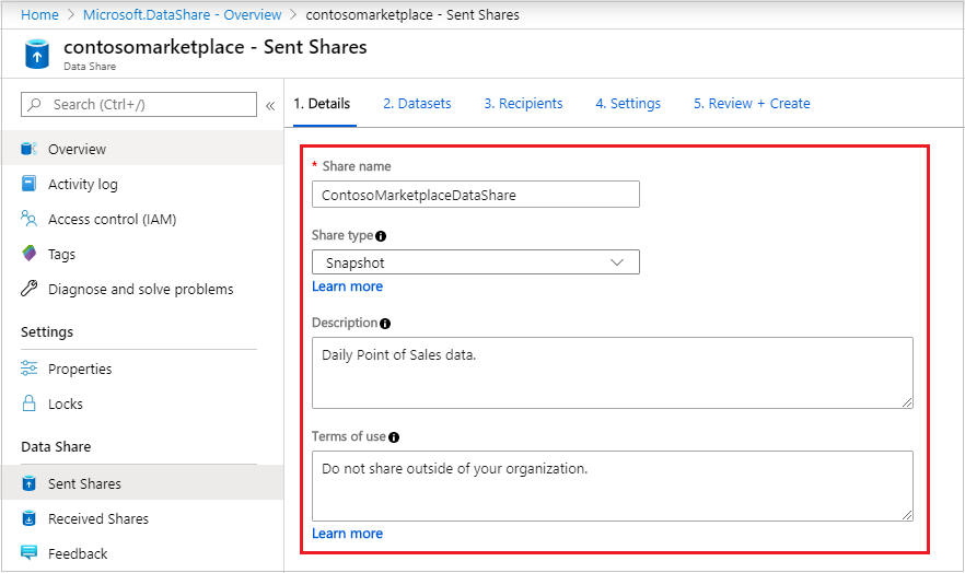 Screenshot of the share creation page in Azure Data Share, showing the share name, type, description, and terms of used filled out.