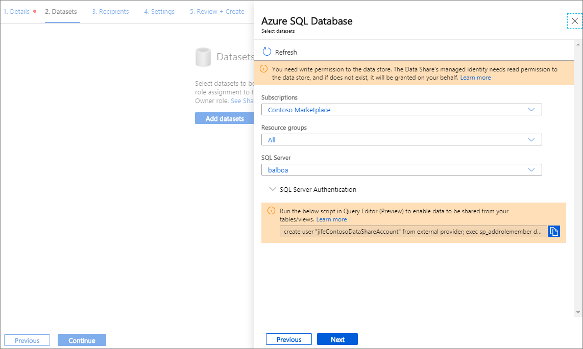 Screenshot showing the Azure SQL Database dataset window with a sql server selected.