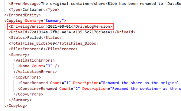 Illustration of the Summary section of a copy log for a Data Box Disk order. The Drive Log Version is highlighted.