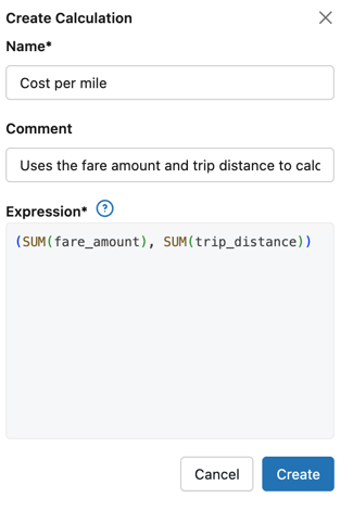 The calculated measures editor with the values from instructions filled in.