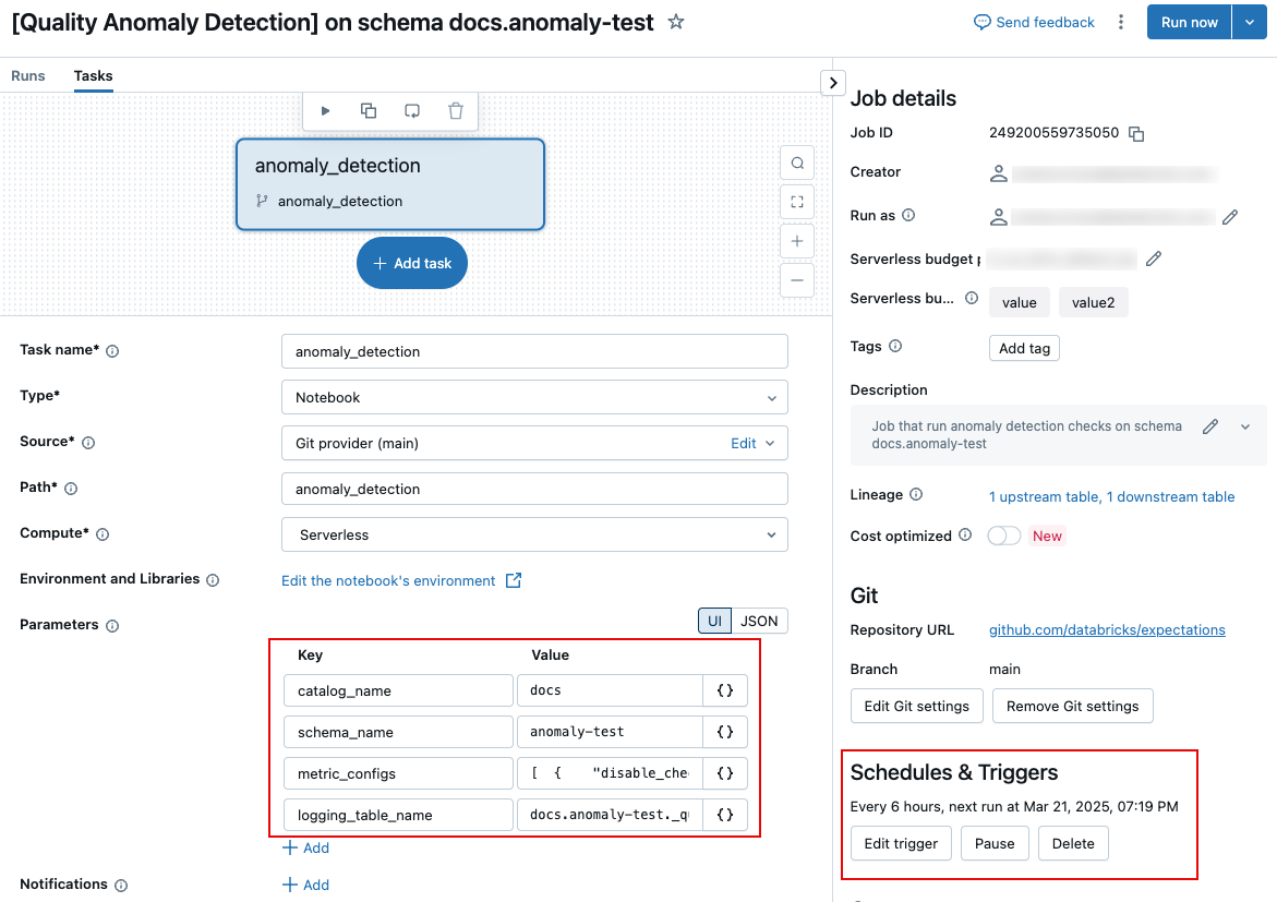 Jobs page showing anomaly detection job.